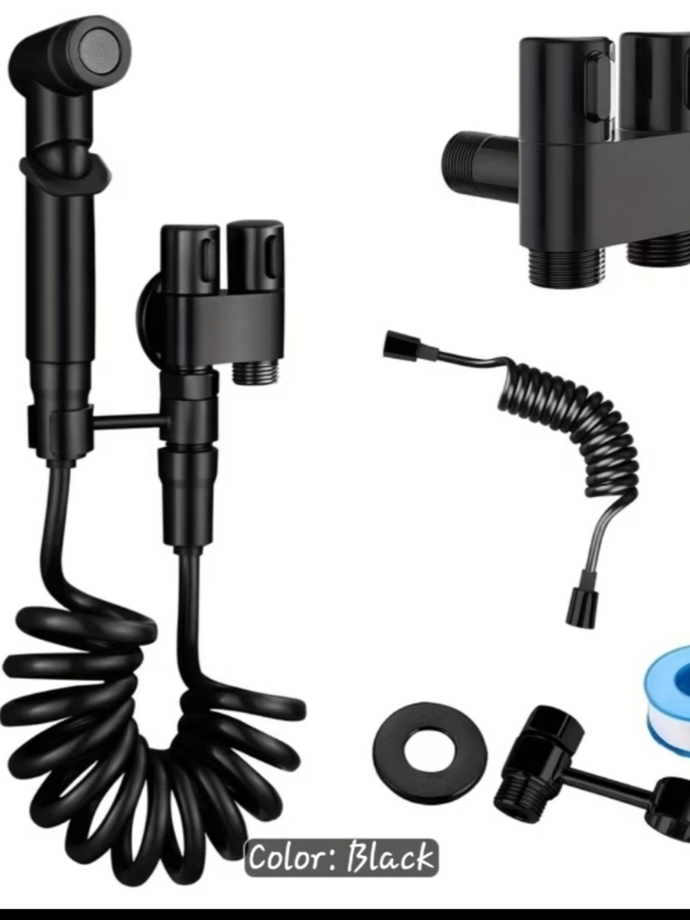 Black Handheld Bidet Sprayer with Coiled Hose and Dual-Valve Connector